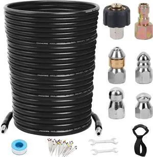 100FT Sewer Jetter Kit for Pressure Washer, 5800 PSI Water Jet Drain Cleaner Hose Corner Rotating Button Nose Sewer Jetting Nozzle 1/4 Inch NPT, Sewer Jetter Nozzles Kit with Spanner Handle Strap