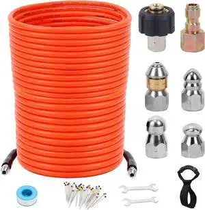 150FT Sewer Jetter Kit for Pressure Washer, 5800 PSI Water Jet Drain Cleaner Hose Corner Rotating Button Nose Sewer Jetting Nozzle 1/4 Inch NPT, Sewer Jetter Nozzles Kit with Spanner Handle Strap