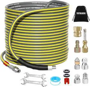 Sewer Jetter Kit for Pressure Washer 200FT, Drain Cleaner Hose 5800PSI 1/4 Inch NPT Corner with Sewer Cleaning Tool High Pressure Nozzle and Spanner Waterproof Tape