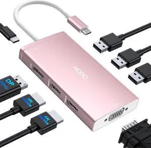 USB C Docking Station Dual Monitor Adapter for Dell HP, Laptop Docking Station 3 Monitors Quadruple Display USB C Hub Dongle to 4K HDMI+DisplayPort+VGA,3 USB2.0,100W PD, 8 in 1 USB C Dock