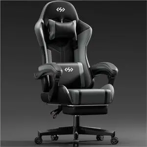 Gaming Chair with Pocket Spring Cushion, Video Game Chair, Gaming Computer Chair, Ergonomic Chairs for Adults with Headrest and Lumbar Support, Swivel PU Leather Office Chair, Black & Grey