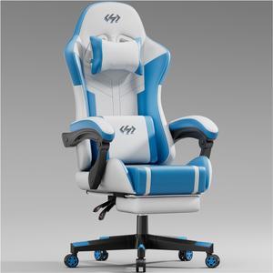 Gaming Chair with Pocket Spring Cushion, Video Game Chair, Gaming Computer Chair, Ergonomic Chairs for Adults with Headrest and Lumbar Support, Swivel PU Leather Office Chair, White & Blue