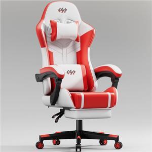Gaming Chair with Pocket Spring Cushion, Video Game Chair, Gaming Computer Chair, Ergonomic Chairs for Adults with Headrest and Lumbar Support, Swivel PU Leather Office Chair, White & Red
