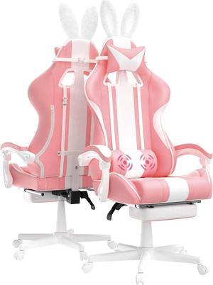 Kawaii Pink Gaming Chair with Bunny Ears, Ergonomic Cute Gamer Chair with Footrest and Massage, Racing Reclining Leather Office Computer Game Chair 250lbs for Girls Adults Teens Kids,PINK