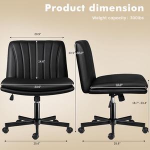Armless Office Desk Chair with Wheels,Faux Leather Cross Legged Wide Chairs, Mid Back Swivel Computer Task Chairs for Home Office,Make Up,Small Space,Bed Room, Black