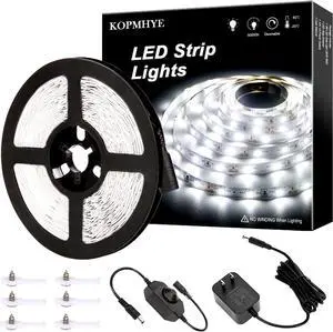 KOPMHYE 5M Dimmable LED Strip Lights Kits, 12V Tape Light, 300 2835 LED, 16.4ft 6000K Daylight White Ribbon with Power Adapter, Light Strips for Under Bed, Vanity Mirror, Cabinet, Non-Waterproof