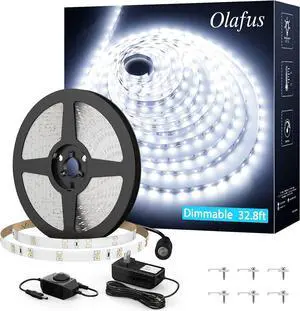 White LED Strip Lights, 32.8ft Dimmable Vanity Light, 6000K Daylight White LED Tape Lights with UL Listed Adapter, 12V 600 LEDs 2835 Led Lights for Bedroom Kitchen TV Mirror Stair