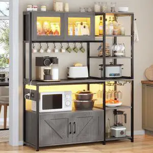 Bakers Rack with Power Outlet and LED Light, 45.3 Inch Farmhouse Coffee Bar Cabinet, Kitchen Microwave Stand with Storage, Glass Cabinet, Goblet Holder and 8 Hooks (Grey)