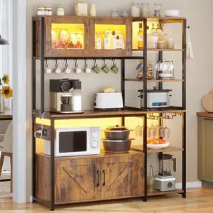 Bakers Rack with Power Outlet and LED Light, 45.3 Inch Farmhouse Coffee Bar Cabinet, Kitchen Microwave Stand with Storage, Glass Cabinet, Goblet Holder and 8 Hooks (Brown)
