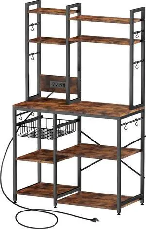 Standing Kitchen Bakers Rack, Bakers Rack with Power Outlet, 6-Tier Microwave Stand, Coffee Bar with 12 S-Shaped Hooks, Kitchen Shelf with Storage, Coffee Bar Station, for Rustic Brown