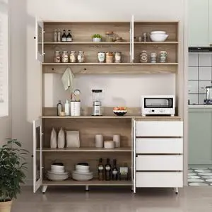Large Kitchen Hutch Cabinet, Storage Cupboard Pantry with 4 Glass Doors, 4 Drawers & Microwave Shelf, for Kitchen Open Storage, White/Oak (63" W x 15.7" D x 74.8" H)