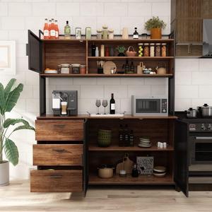 Large Kitchen Hutch Cabinet, Storage Cupboard Pantry with 3 Metal Doors, 3 Drawers & Microwave Shelf, for Kitchen Open Storage, Brown (59" W x 15.7" D x 68.5" H)