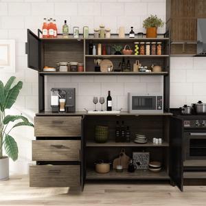 Large Kitchen Hutch Cabinet, Storage Cupboard Pantry with 3 Metal Doors, 3 Drawers & Microwave Shelf, for Kitchen Open Storage, Walnut (59" W x 15.7" D x 68.5" H)
