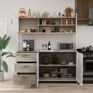 Large Kitchen Hutch Cabinet, Storage Cupboard Pantry with 3 Metal Doors, 3 Drawers & Microwave Shelf, for Kitchen Open Storage, Oak (59" W x 15.7" D x 68.5" H)