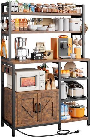 Bakers Rack with Power Outlet, Coffee Bar with Storage Cabinet, 6-Tier Microwave Stand, Kitchen Storage Shelf with Side Hooks, Utility Shelf for Kitchens, Rustic Brown