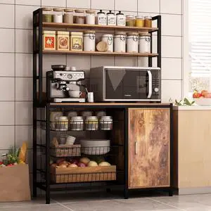Kitchen Bakers Rack with Baskets and Door,Industrial Microwave Oven Stand,Kitchen Utility Storage Shelf,Free Standing Kitchen Utility Cart Storage Shelf Organizer with Hooks