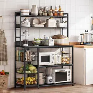 Kitchen Bakers Rack with Baskets,5-Tier Kitchen Utility Storage Shelf with Hooks, Microwave Oven Stand Rack, Free Standing Kitchen Shelf Vintage Grey
