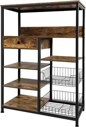 5-Tier Kitchen Bakers Rack,Industrial Microwave Oven Stand,Kitchen Utility Storage Shelf,Free Standing Kitchen Organizer for Spices, Pots, Pans and Oven (Rustic Brown)