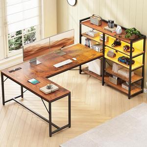 64.5  L Shaped Gaming Desk, Reversible Computer Desk with Power Outlet and Bookshelf, Corner Gaming Table with LED Lights, Storage Shelves for Home Office, Brown
