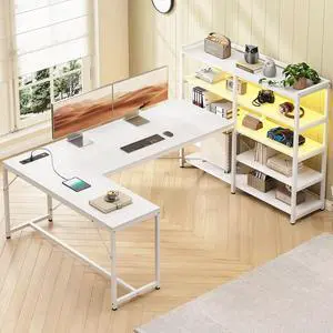 64.5  L Shaped Gaming Desk, Reversible Computer Desk with Power Outlet and Bookshelf, Corner Gaming Table with LED Lights, Storage Shelves for Home Office, White