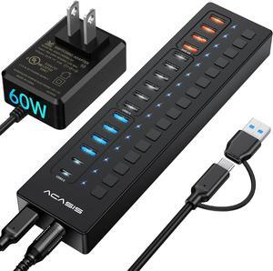 Powered USB 3.0 Hub, ACASIS 16 Port USB Hub Powered(Include 2*USB C 3.0+4 Smart Charging Port) with 60W Power Adapter, Support Wall Mount, USB Hub for PC Laptop, Mac, Printer, Camera