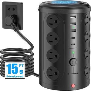 Tower Power Strip Surge Protector with 16 Outlets and 5 USB Ports (2 USB-C),15FT Extension Cord with Multiple Outlets,Heavy Duty Charging Station,Home Office Dorm Room Essentials. No Wireless Charging