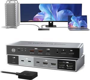 Dual Monitor KVM Switch Docking Station 4K@60Hz for 2 Computers 2 Monitors, PC Keyboard Video Mouse Switch Selector Dock with USB C 7.5W and 15W PD Charging