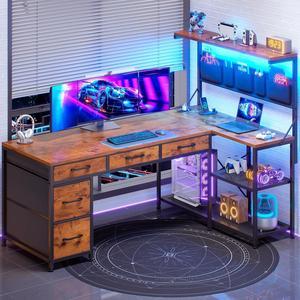 L Shaped Gaming Desk, 47.2" Reversible Small Computer Desk with 5 Drawers and Storage Shelves, Corner Gaming Desk with LED Lights and Power Outlet, Rustic Brown