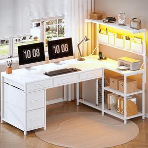 L Shaped Gaming Desk, 47.2" Reversible Small Computer Desk with 5 Drawers and Storage Shelves, Corner Gaming Desk with LED Lights and Power Outlet, White