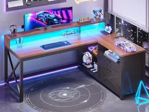 55" L Shaped Office Desk, Farmhouse Corner Gaming Desk with LED Lights and Power Outlet, Home Office Desk with Drawers, Storage Shelves and Monitor Shelf, Black Brown