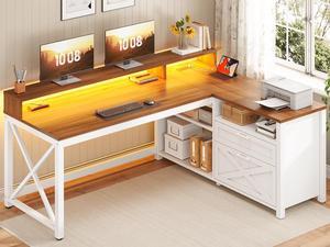 55" L Shaped Office Desk, Farmhouse Corner Gaming Desk with LED Lights and Power Outlet, Home Office Desk with Drawers, Storage Shelves and Monitor Shelf, White Brown