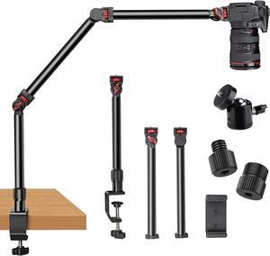 Overhead Camera Mount Desk Stand, 3-Section Flexible Detachable Articulating Arm with 1/4 3/8" 5/8" Screw&360° Ball Head, C-clamp Tabletop Mount for DSLR Camera/Webcam/Microphone/Lights