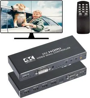 Video Wall Controller, 4K 2X2 TV Wall Processor with HDMI+DVI+RS232 Input, Support 180° Rotate, 4 HDMI Output Support Images Stitching 1x2 1x3 1x4 4x1 etc