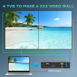 4K60 2x2 Video Wall Controller with HDMI 2.0 USB inputs 1x2 1x3 1x4 2x1 3x1 4x1 UHD TV Wall Controller for 4 TVs Support USB Auto Display and Play max 4096x2160@60 Video Picture