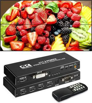 2x2 HDMI Video Wall Controller, 1080P@60Hz HDMI DVI TV Wall Processor with Audio Out, 4K HDMI Video Image Processor with RS232, Support 180° Rotate, 1x2 1x3 1x4 2x2 2X1 3x1 4x1 Mode