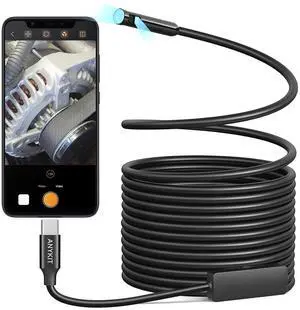Dual Lens Endoscope Camera, Type-C Borescope with 8 Adjustable LED Lights, IP67 Waterproof 16.5ft Semi-Rigid Snake Cord Inspection Camera Compatible with Type C iPhone 15 & Android Phone