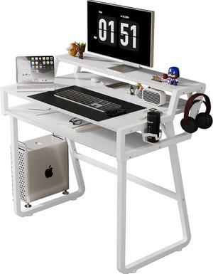 Gaming Computer Desk, 33 Inch Ergonomic Home Office Desk with 3-Tier Design, Large Carbon Fiber Surface, 1mm Steel Tube Frame, Cup Holder, and Headphone Hook  White