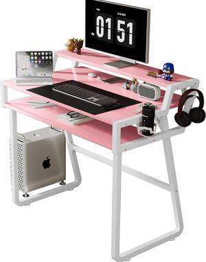 Gaming Computer Desk, 33 Inch Ergonomic Home Office Desk with 3-Tier Design, Large Carbon Fiber Surface, 1mm Steel Tube Frame, Cup Holder, and Headphone Hook  Pink