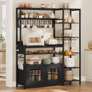 Bakers Rack with Power Outlet, 47.2in Microwave Stand with Storage Shelves, Coffee Bar with Cabinet, Kitchen Pantry Hutch, Side Hooks, Wine Rack, Goblet Holder, Wire Basket (Black, Medium)
