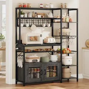 Bakers Rack with Power Outlet, 47.2in Microwave Stand with Storage Shelves, Coffee Bar with Cabinet, Kitchen Pantry Hutch, Side Hooks, Wine Rack, Goblet Holder, Wire Basket (Grey, Medium)