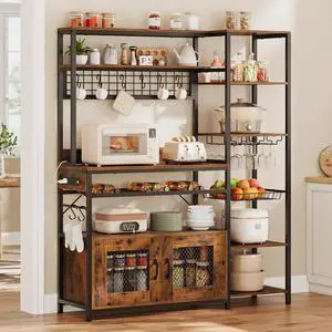 Bakers Rack with Power Outlet, 47.2in Microwave Stand with Storage Shelves, Coffee Bar with Cabinet, Kitchen Pantry Hutch, Side Hooks, Wine Rack, Goblet Holder, Wire Basket (Brown, Medium)