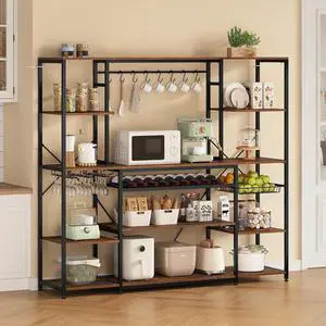Large Bakers Rack with Power Outlet, 62.4in Wide Kitchen Microwave Stand with Storage Shelves, 5-Tier Coffee Bar, Wine Rack, Goblet Holder, 8 Hooks, Wire Basket(Rustic Brown, Large)