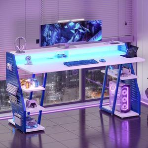 55'' Gaming Desk with LED Lights and Storage Shelves, Computer Desk with Monitor Stand, Power Outlets and Pegboard, Large PC Gamer Desk, Gaming Table for Bedroom, Living Room, White/Blue
