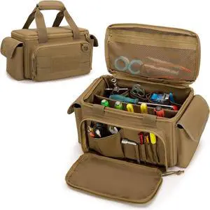 Small Tool Bag with Anti-friction and Thick Padded Bottom, Tool Storage Organizer for Men, Tactical Bag, Range Bag, Multi-functional Work Bag for Repairman, Electrician, Carpenters (Khaki)