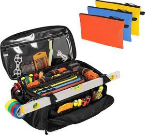 Tool Bag and 3 Tool Pouches, Tool Storage Organizer for Men with Anti-friction and Thick Padded Bottom, Tactical Bag, Range Bag, Multi-functional Work Bag for Repairman, Electrician, Carpenter