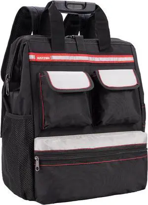 Backpack Tool Bag with Padded Back Support Heavy Duty Tool Kit Carrier Storage Bags for Electrician, Plumber, HVAC, Cable Repairman Black