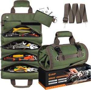 Tool Bag Roll Up, Heavy Duty Rolled Empty Tool Storage Organization, Portable Foldable Rollup Organizer with 2 Small Pouches, Rollable Carrying Toolbag, Dad Men Mechanic Birthday Gifts, Army Green