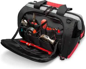 Waterproof Tool Bags for Men or Women, 16-inch Wide Mouth Tool Tote Bag with 25 Pockets for Tool Organizer & Storage, with Adjustable Shoulder Strap (16IN, Black/Red)