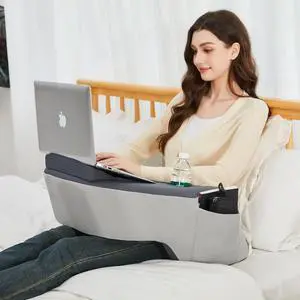Reading Pillow for Gaming, Soft Lap Desk Pillow with Hole for Bottle, Memory Foam Gaming Pillow with Side Pocket for Adult, CertiPUR-US Arm Rest Pillow for Reading, Working, Playing in Bed or Sofa