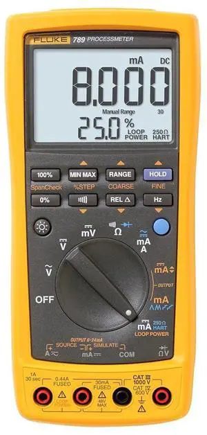 Fluke 789 ProcessMeter, Includes Standard DMM Capabilities, Measure, Source, Simulate 4-20 mA signals, and Built-In 24 V Loop Supply